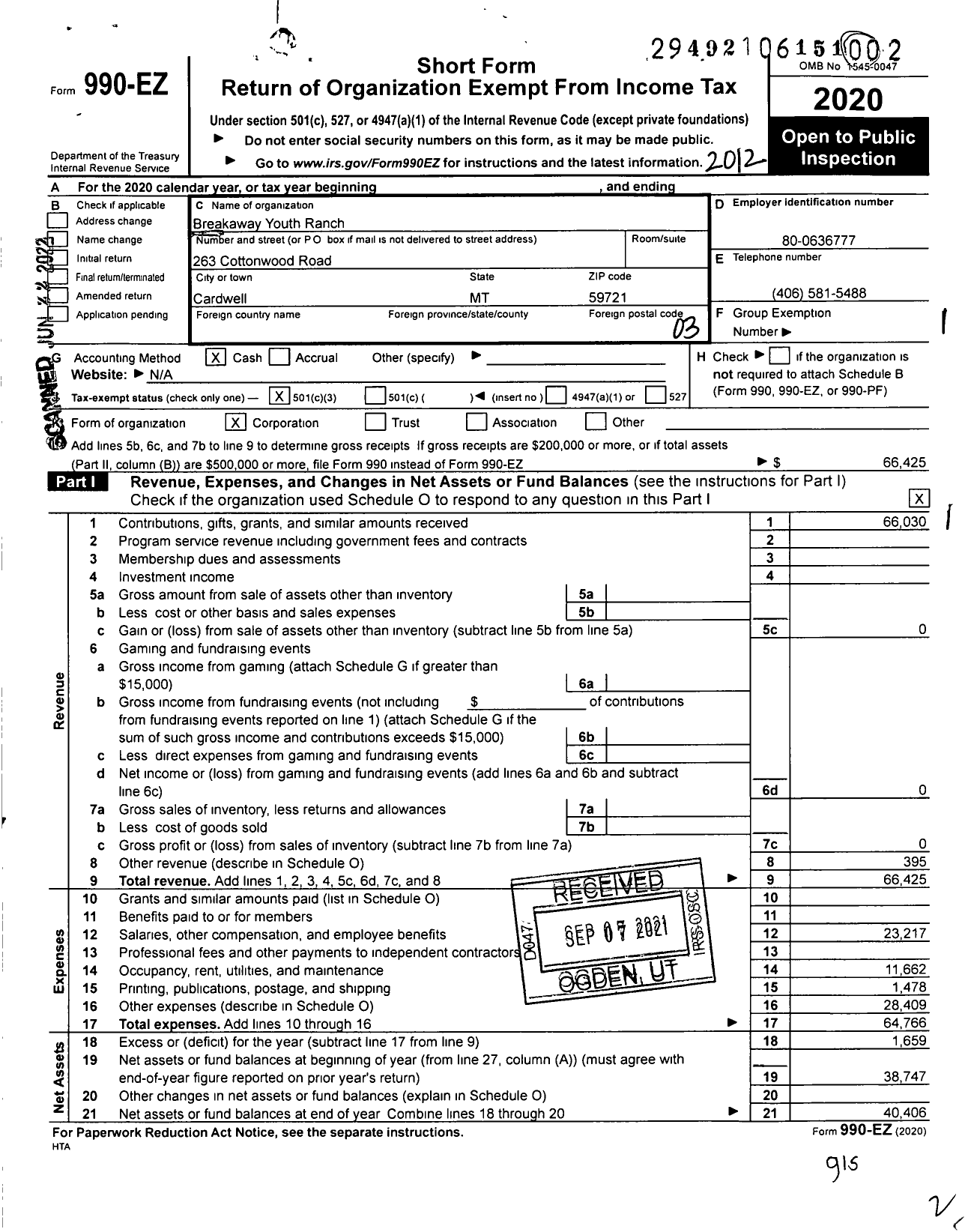 Image of first page of 2020 Form 990EZ for Breakaway Youth Ranch