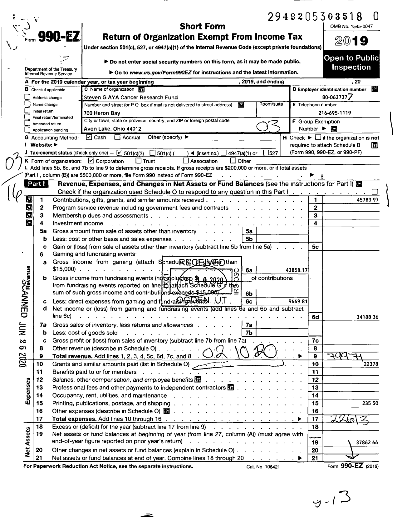 Image of first page of 2019 Form 990EZ for Steven G Cancer Foundation