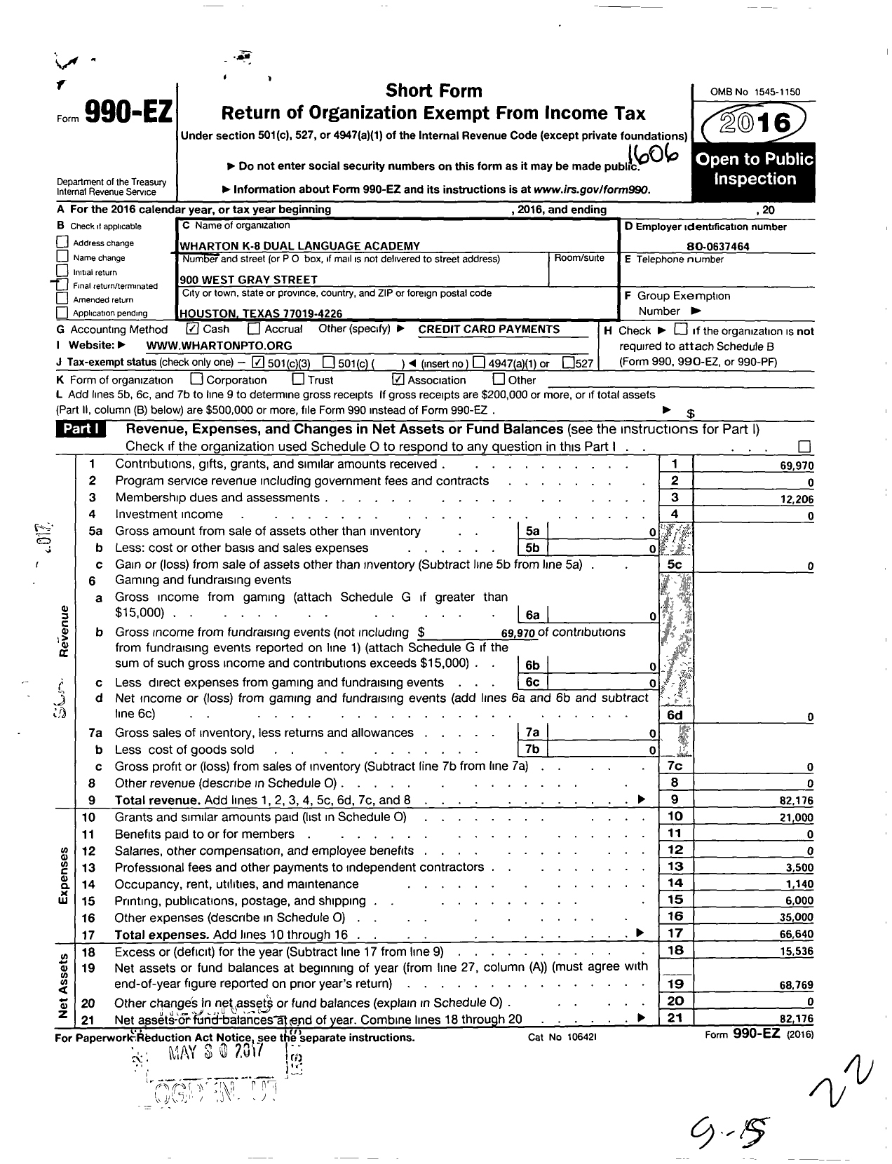 Image of first page of 2015 Form 990EZ for Wharton K-8 Dual Language Academy Pto