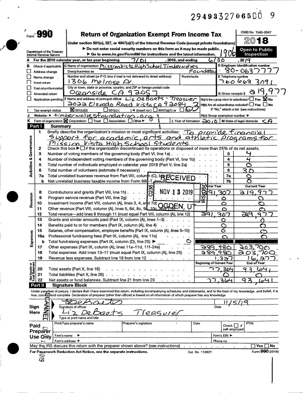 Image of first page of 2018 Form 990 for Mission Vista High School
