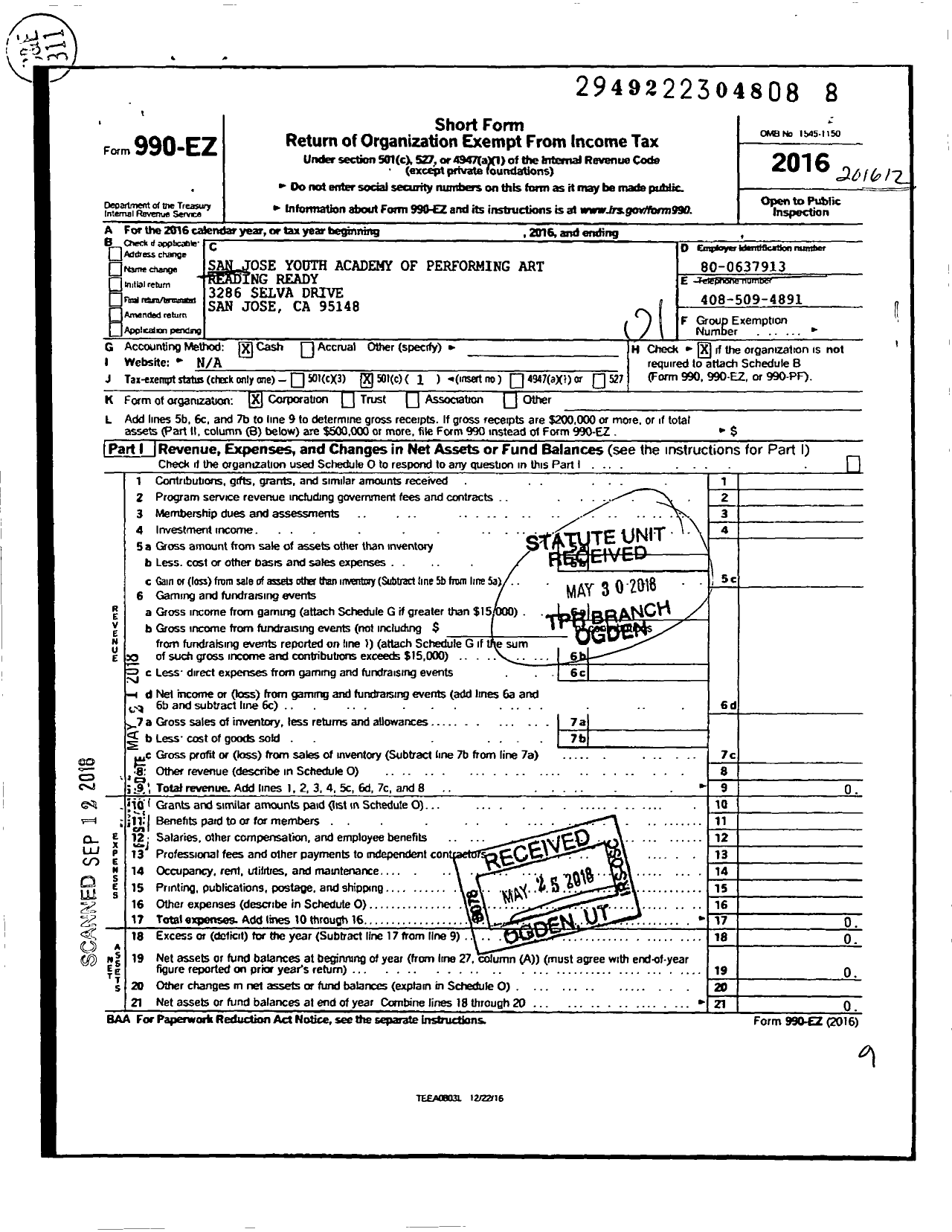 Image of first page of 2016 Form 990EO for San Jose Youth Academy of Performing Art Reading Ready