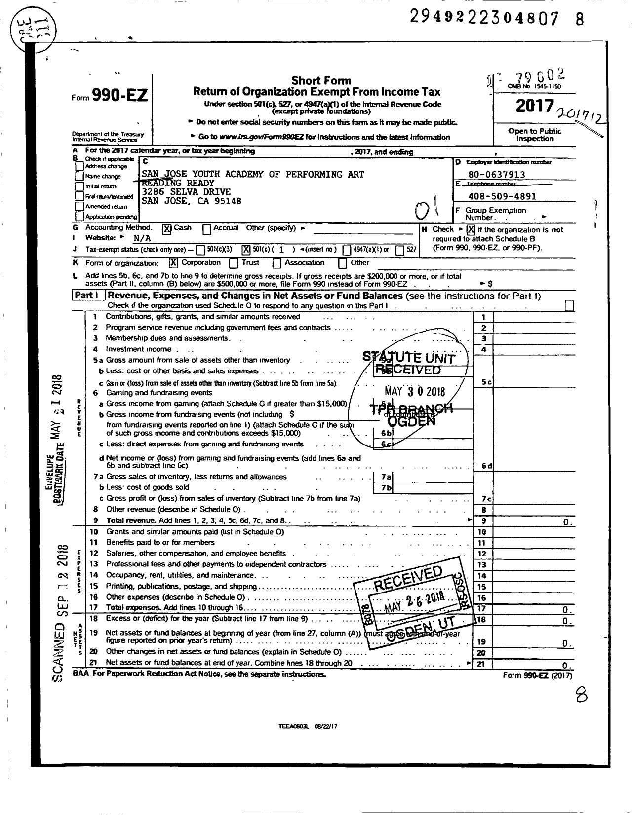 Image of first page of 2017 Form 990EO for San Jose Youth Academy of Performing Art Reading Ready