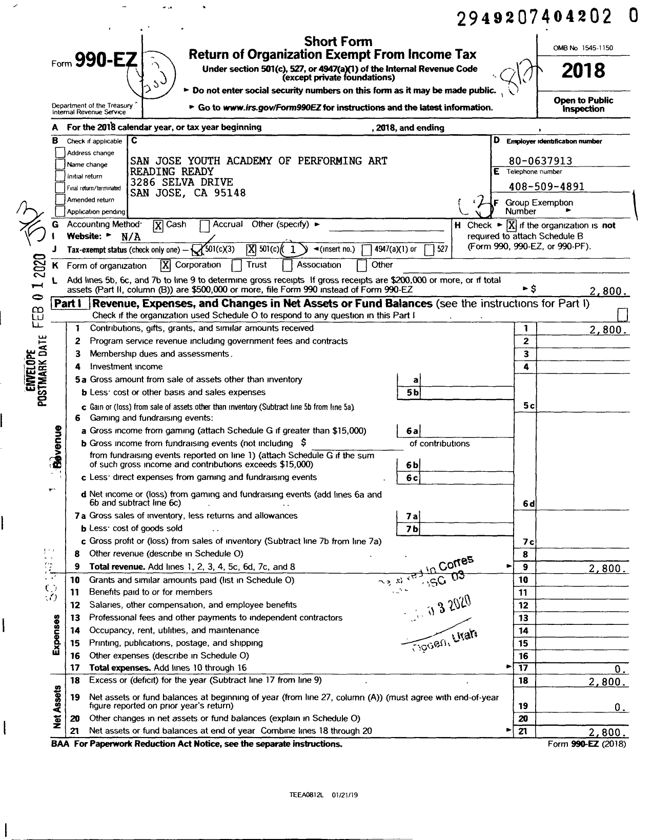 Image of first page of 2018 Form 990EZ for San Jose Youth Academy of Performing Art Reading Ready