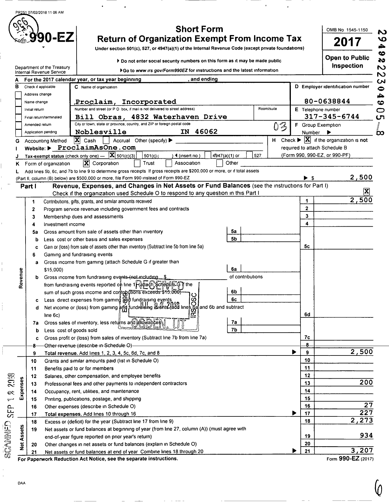 Image of first page of 2017 Form 990EZ for Proclaim Incorporated