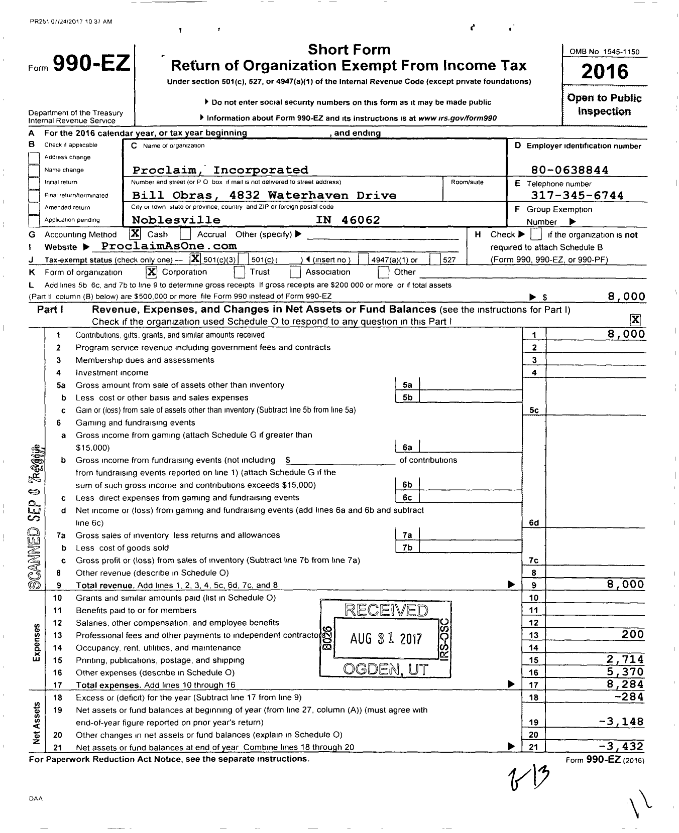 Image of first page of 2016 Form 990EZ for Proclaim Incorporated