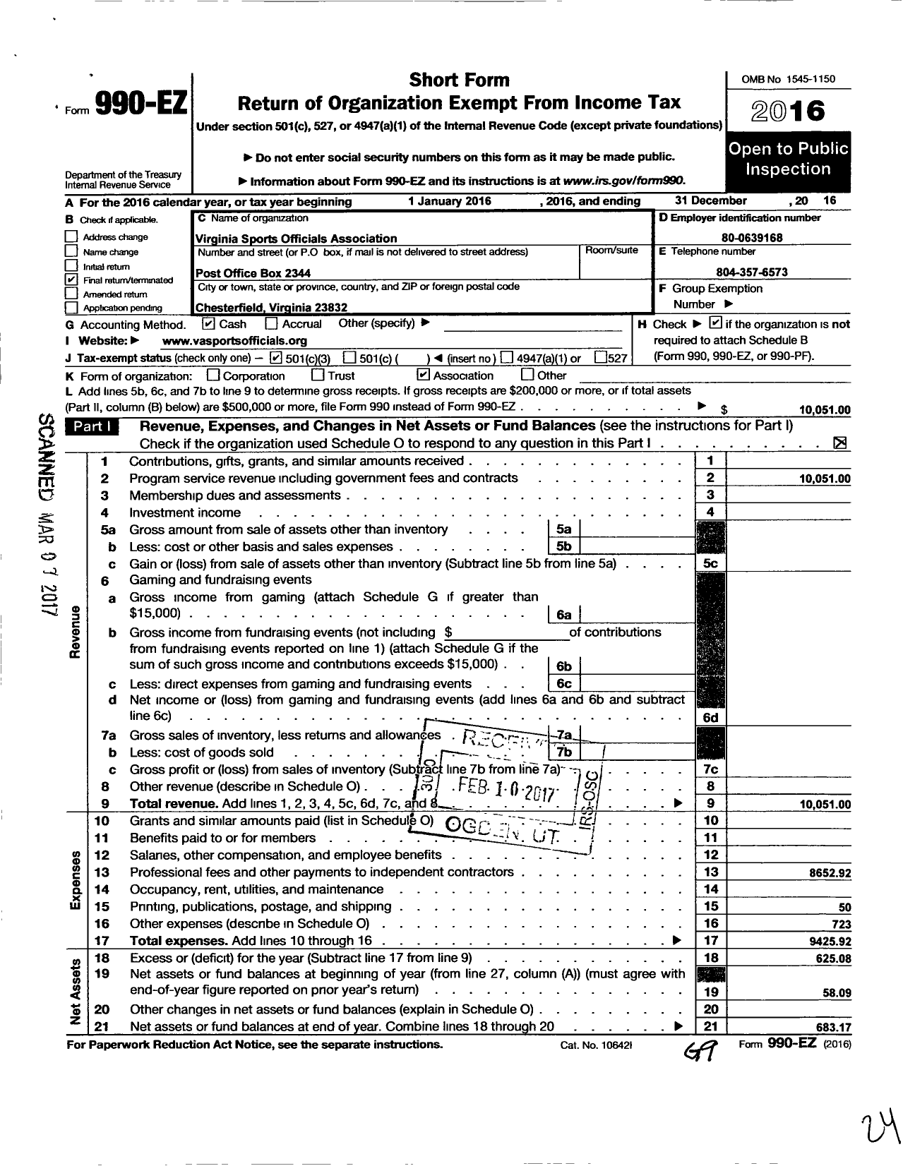 Image of first page of 2016 Form 990EZ for Virginia Sports Officials Association