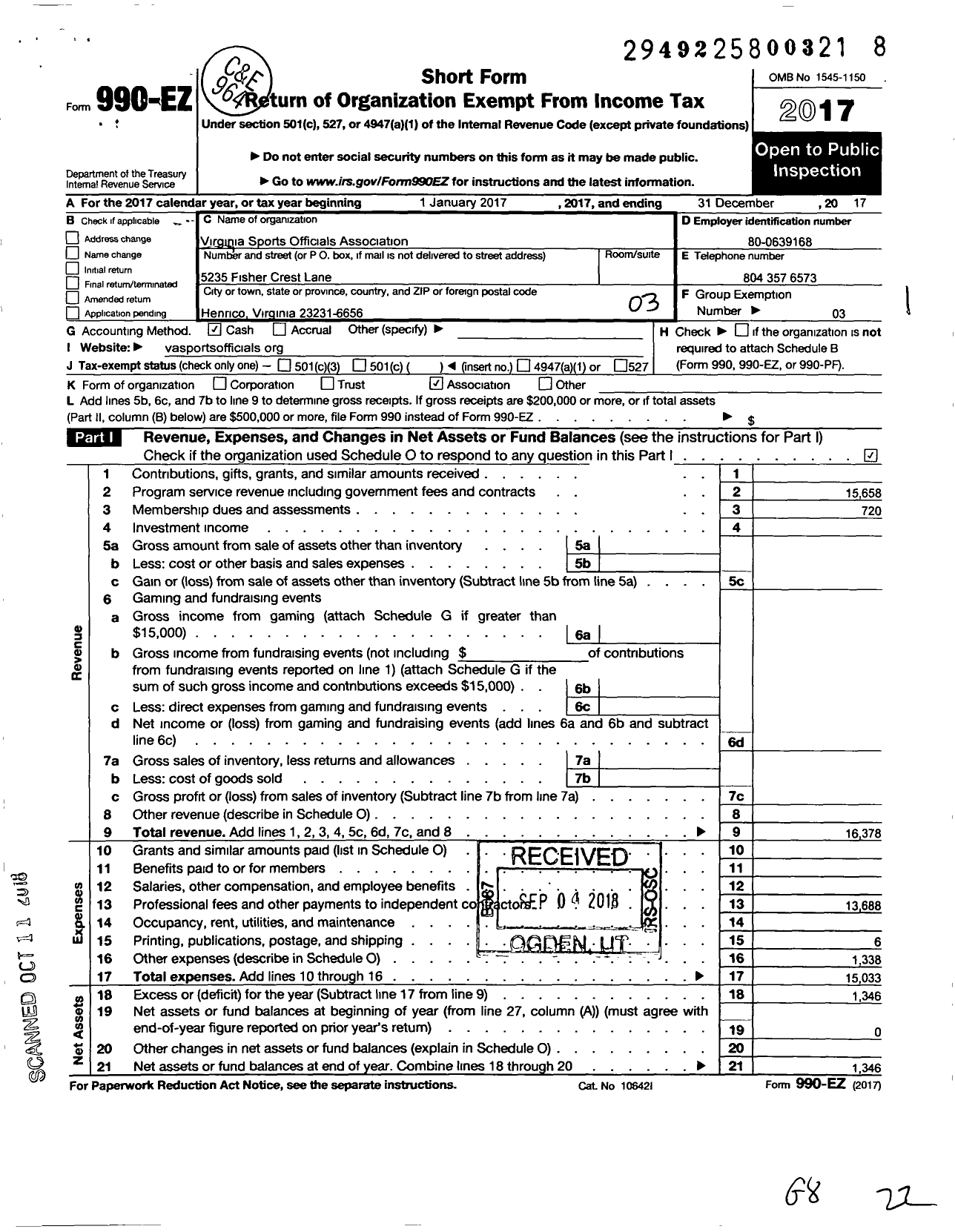 Image of first page of 2017 Form 990EZ for Virginia Sports Officials Association