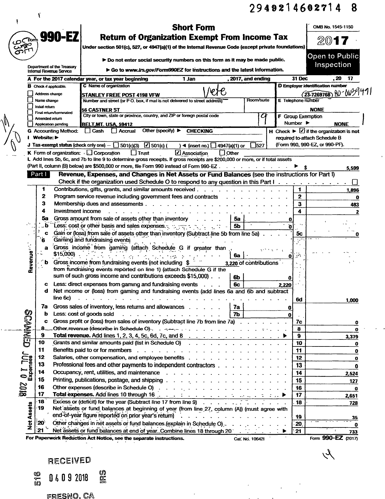 Image of first page of 2017 Form 990EO for Department of Montana VFW of the United States - 4198 Stanley Freie Post