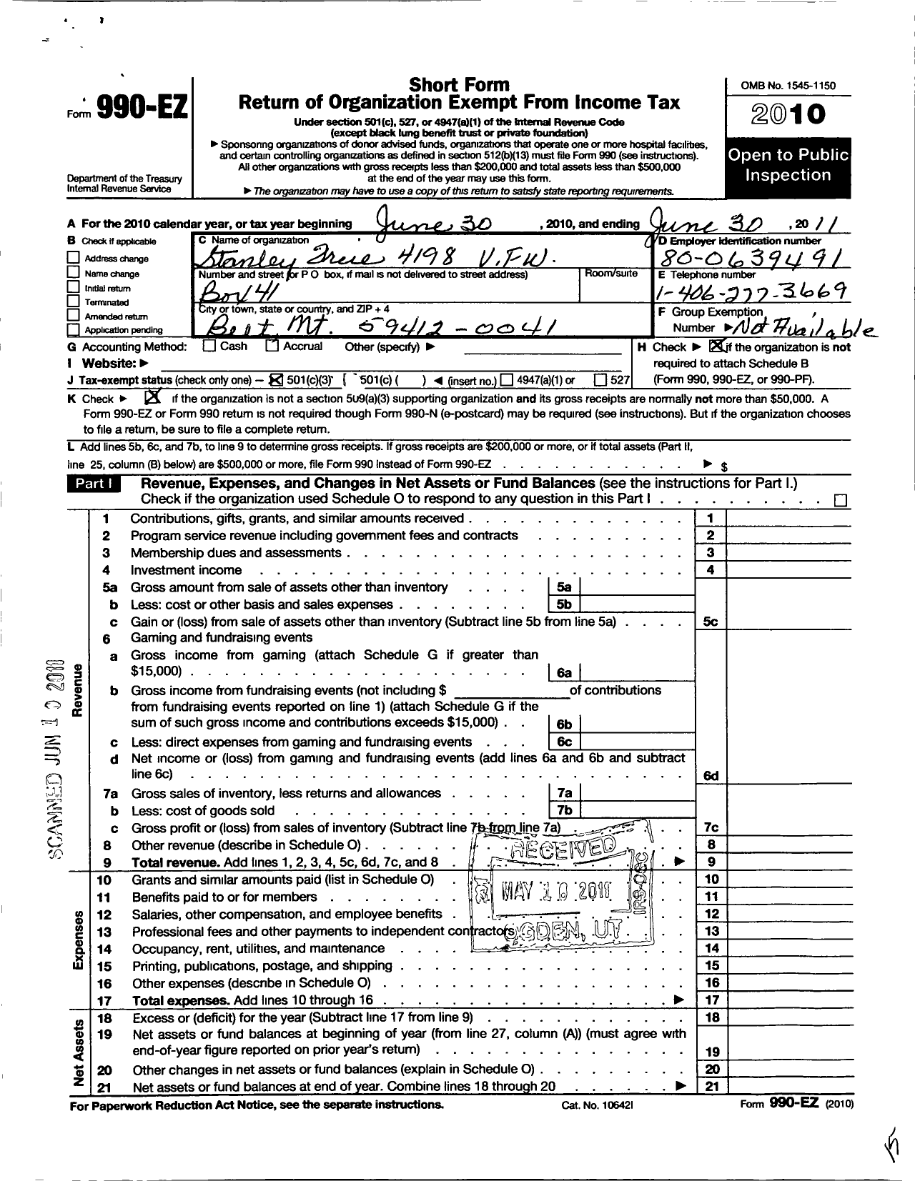 Image of first page of 2010 Form 990EZ for Department of Montana VFW of the United States - 4198 Stanley Freie Post