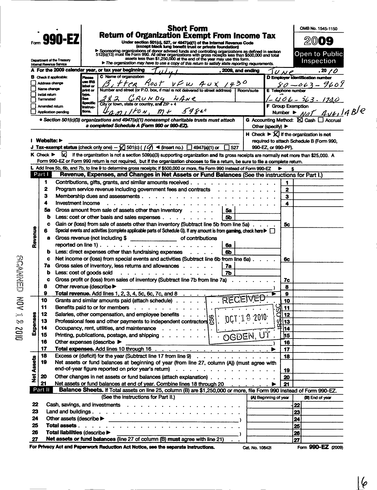 Image of first page of 2009 Form 990EO for Veterans of Foreign Wars of the United States Auxiliary Department - 1430 Bitter Root Auxiliary
