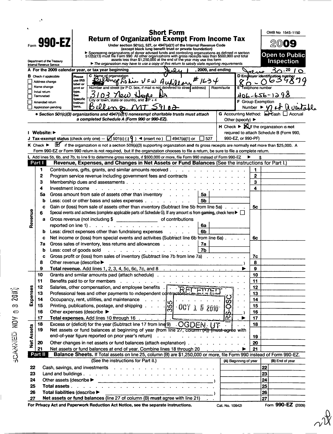 Image of first page of 2009 Form 990EO for Veterans of Foreign Wars of the United States Auxiliary Department - 1634 Billings Auxiliary