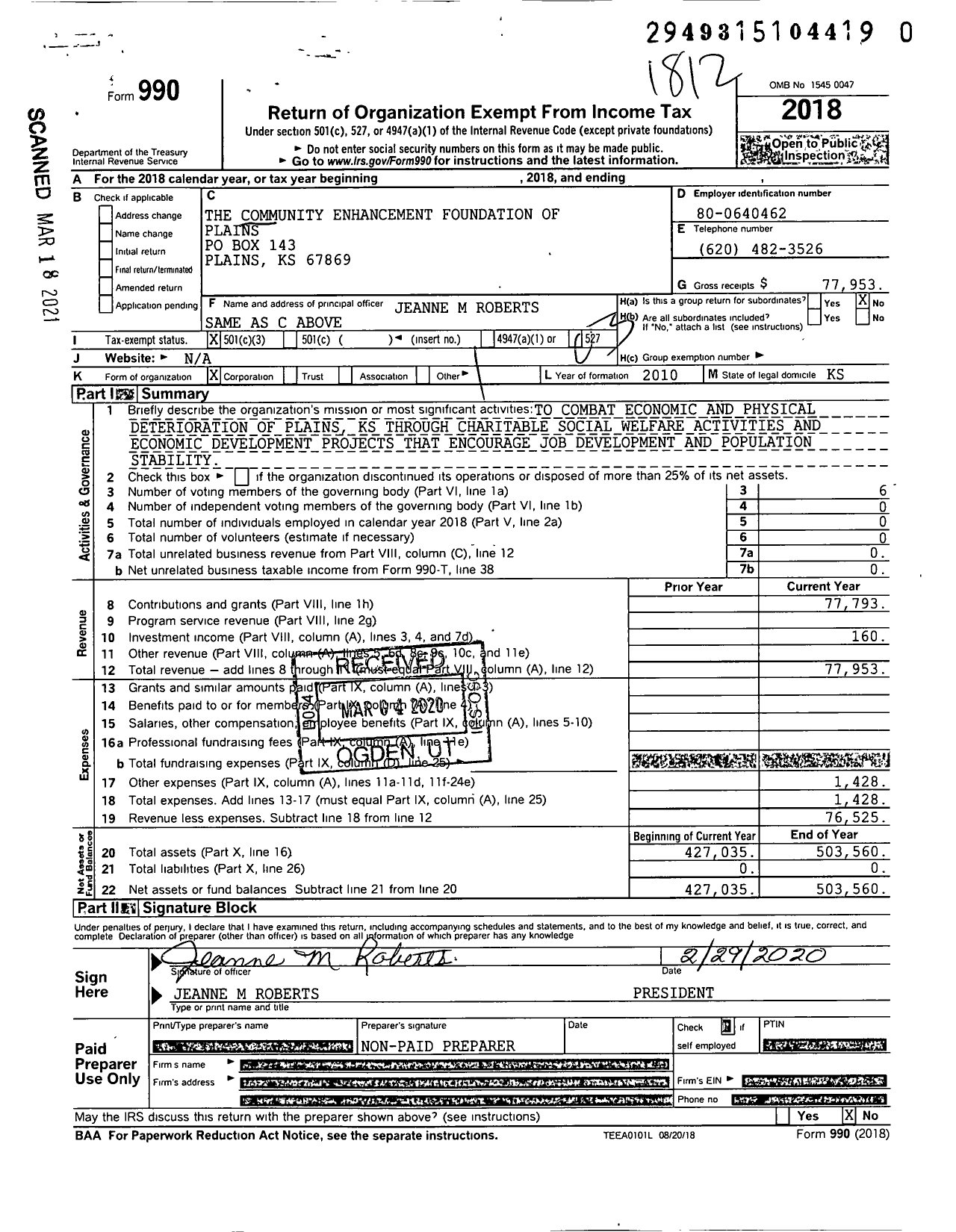 Image of first page of 2018 Form 990 for Community Enhancement Foundation of Plains