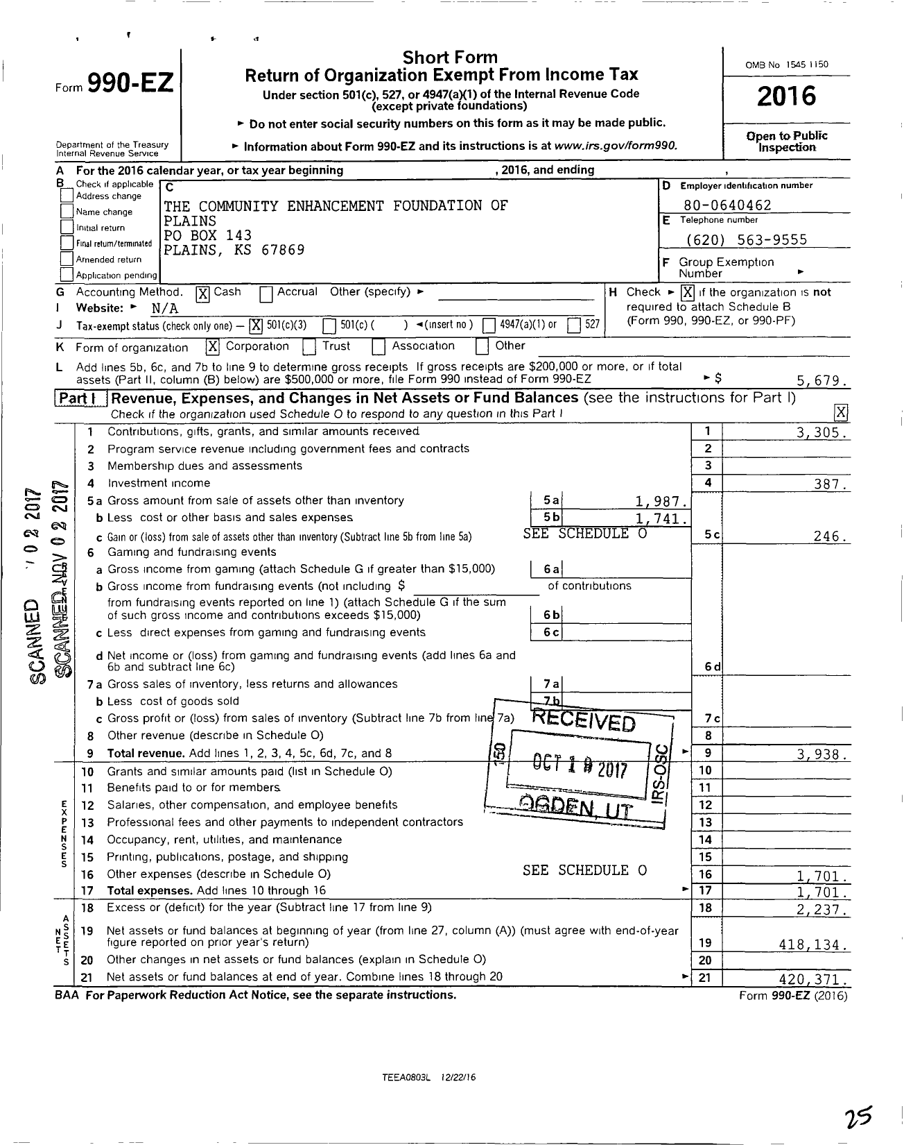 Image of first page of 2016 Form 990EZ for Community Enhancement Foundation of Plains