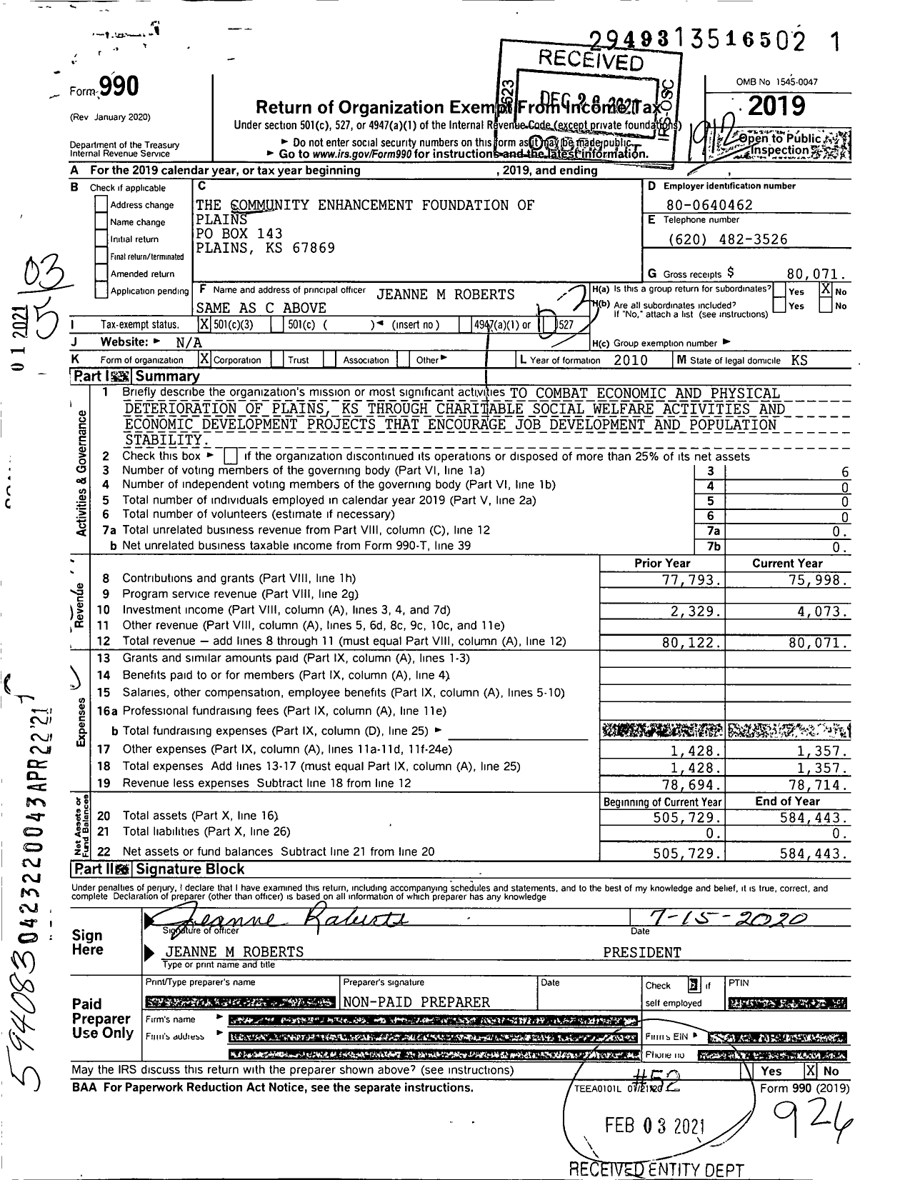 Image of first page of 2019 Form 990 for Community Enhancement Foundation of Plains