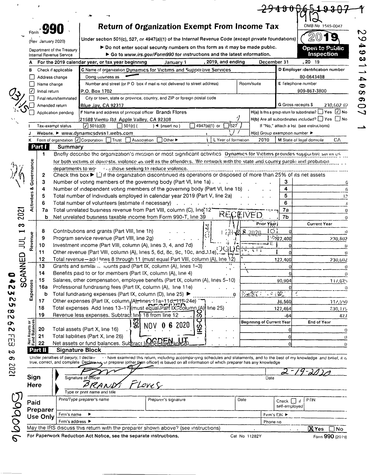 Image of first page of 2019 Form 990 for Dynamics for Victims and Supportive Services