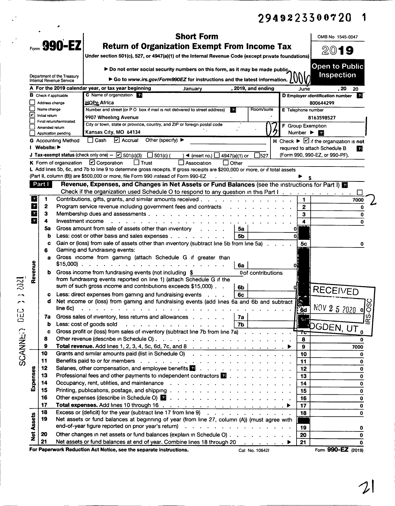 Image of first page of 2019 Form 990EZ for Hope Africa