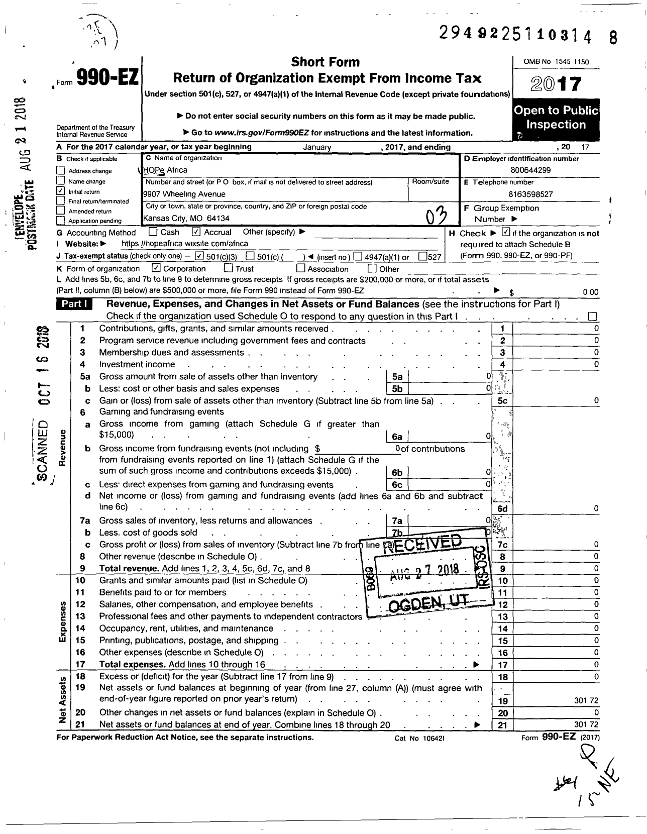 Image of first page of 2017 Form 990EZ for Hope Africa