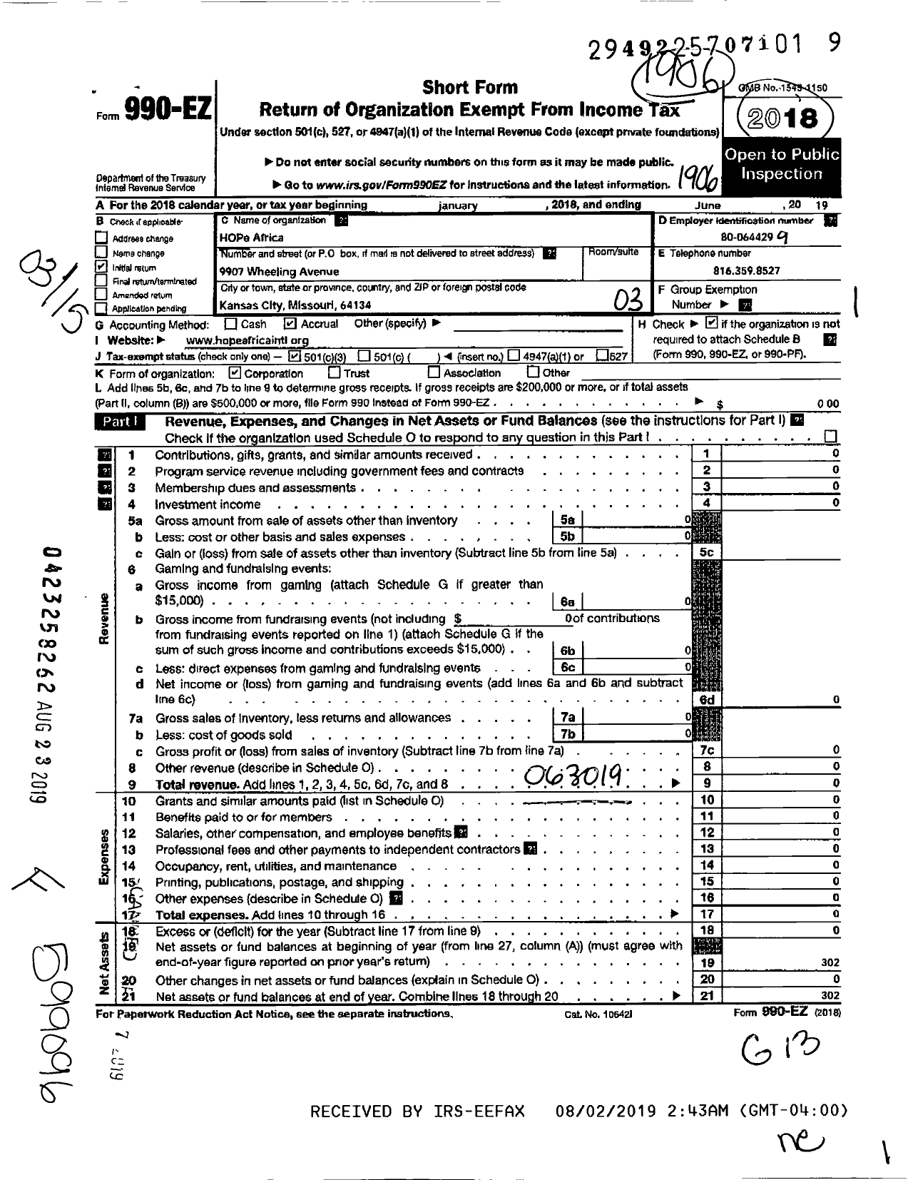 Image of first page of 2018 Form 990EZ for Hope Africa