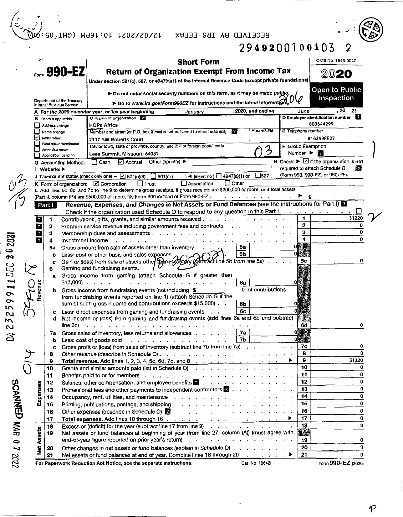 Image of first page of 2020 Form 990EZ for Hope Africa