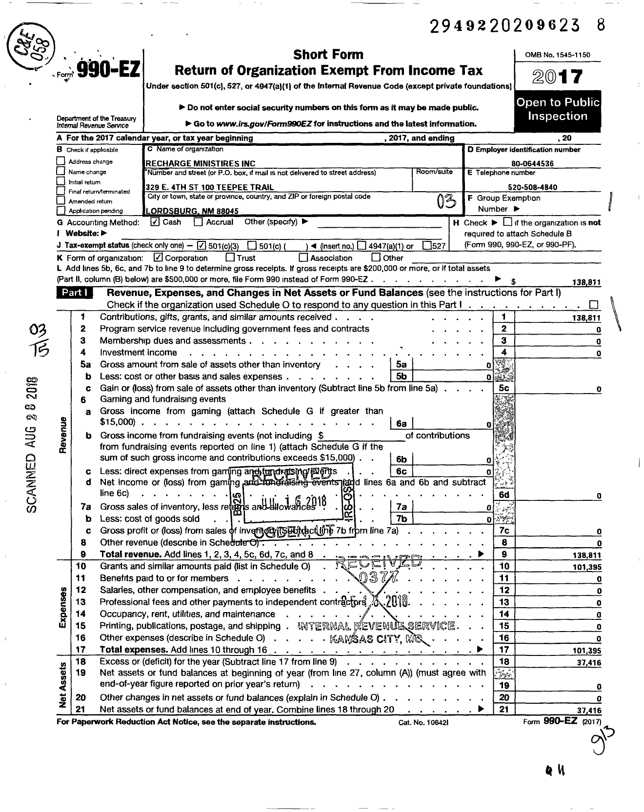 Image of first page of 2017 Form 990EZ for Recharge Ministries