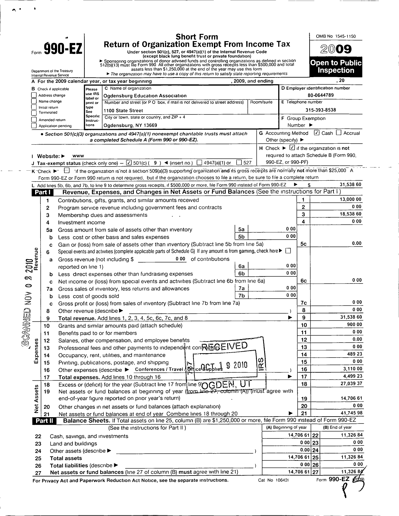 Image of first page of 2009 Form 990EO for American Federation of Teachers - 2891 Ogdensburg Employee Associatio