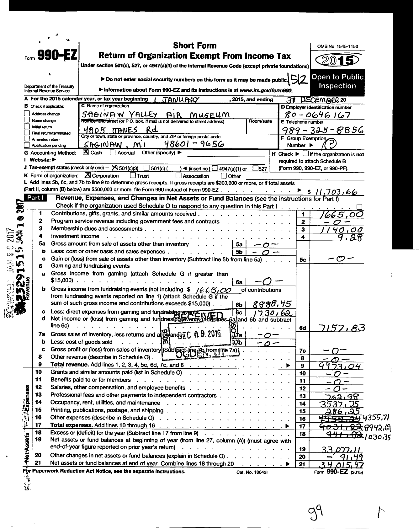 Image of first page of 2015 Form 990EZ for Saginaw Valley Air Museum