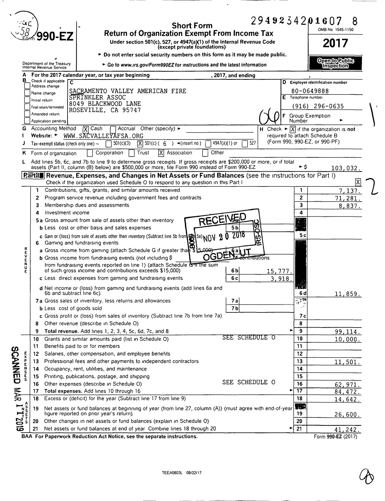 Image of first page of 2017 Form 990EO for Sacramento Valley American Fire Sprinkler Association