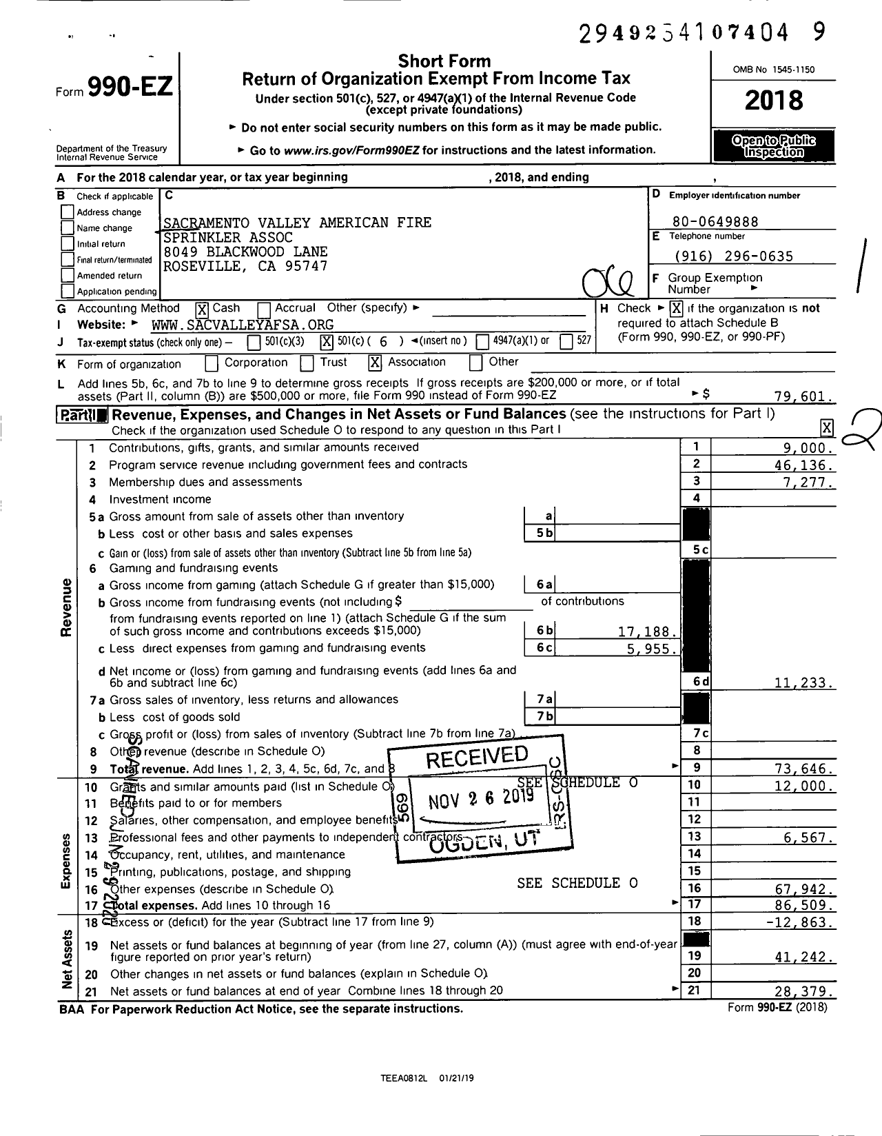 Image of first page of 2018 Form 990EO for Sacramento Valley American Fire Sprinkler Association