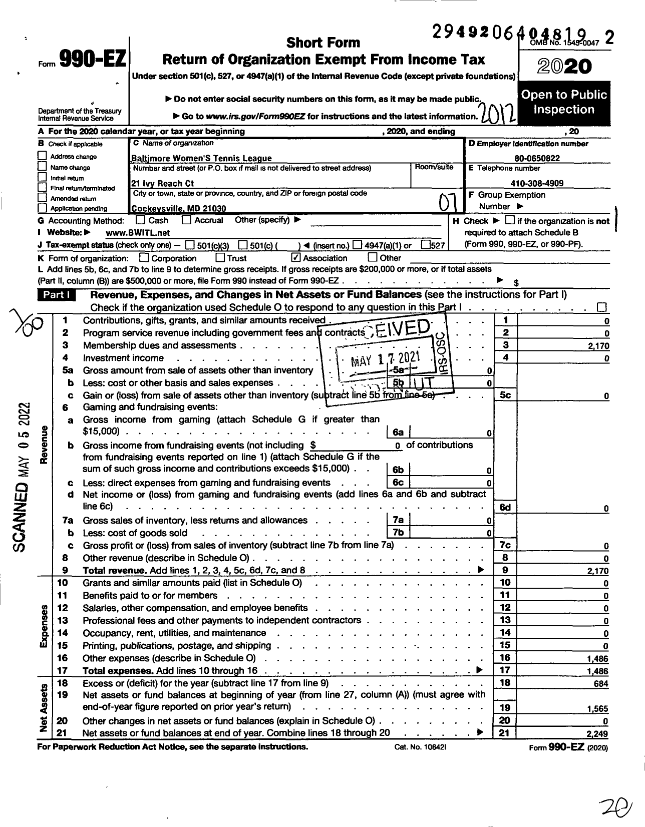 Image of first page of 2020 Form 990EO for Baltimore Womens Interclub Tennis League