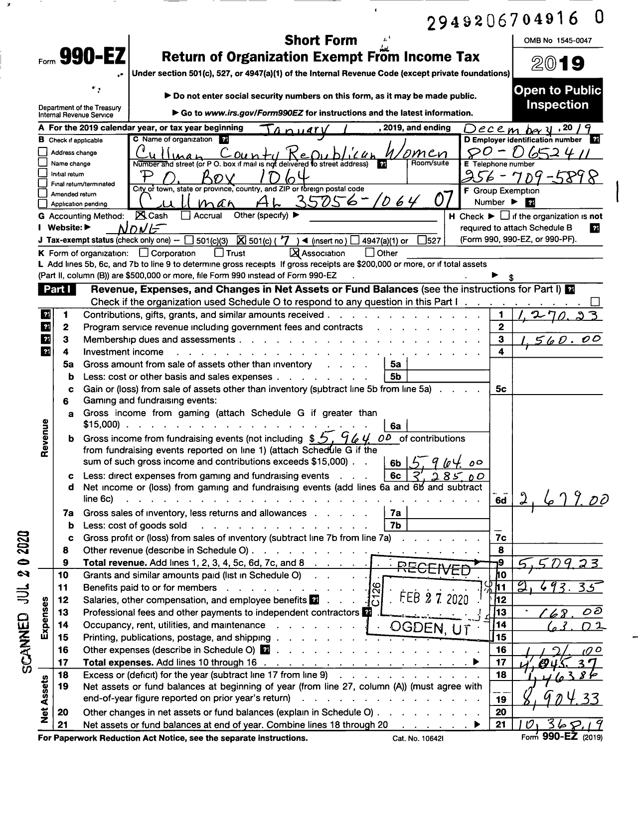 Image of first page of 2019 Form 990EO for Cullman County Republican Women