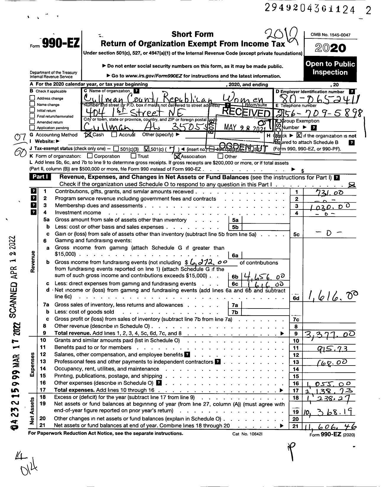 Image of first page of 2020 Form 990EO for Cullman County Republican Women