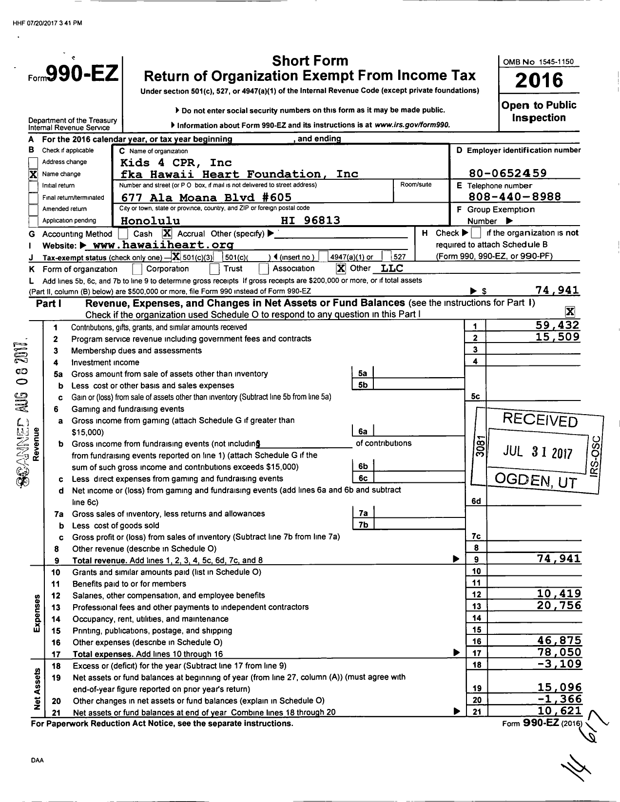 Image of first page of 2016 Form 990EZ for Hawaii Heart Foundation