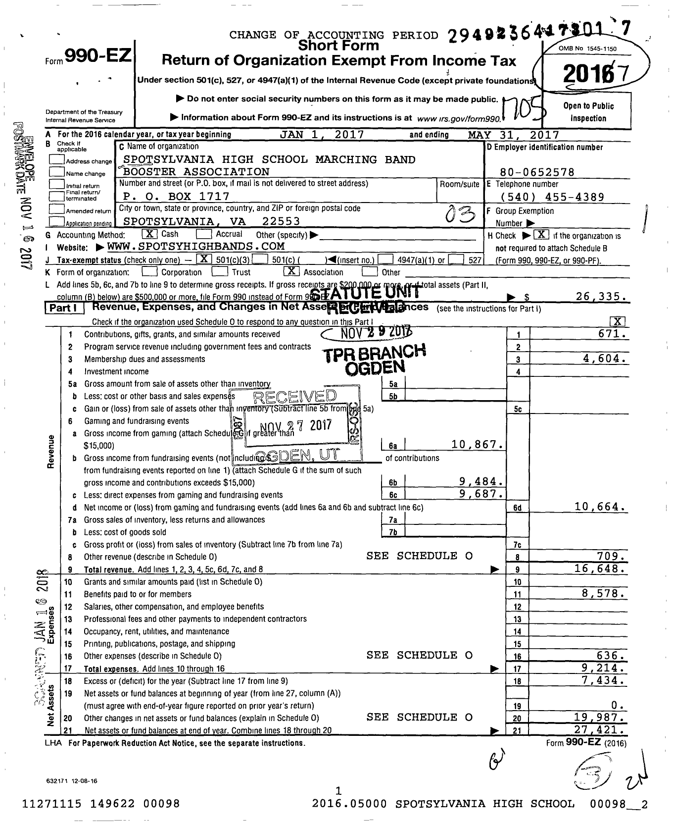 Image of first page of 2016 Form 990EZ for Spotsylvania High School Marching Band Booster Association