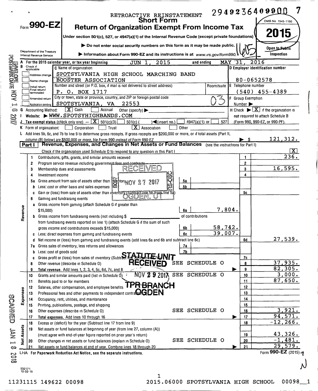 Image of first page of 2015 Form 990EZ for Spotsylvania High School Marching Band Booster Association