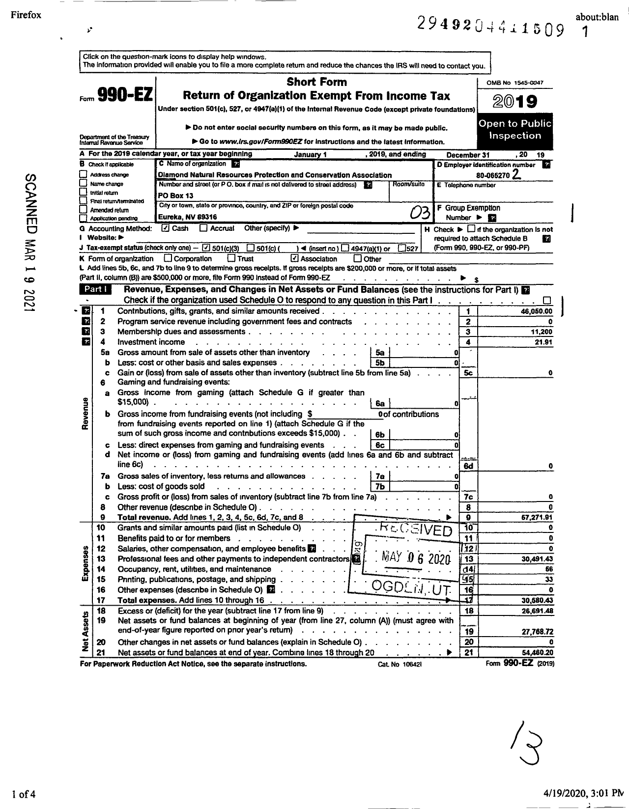 Image of first page of 2019 Form 990EZ for Diamond Natural Resources Protection and Conservation Association