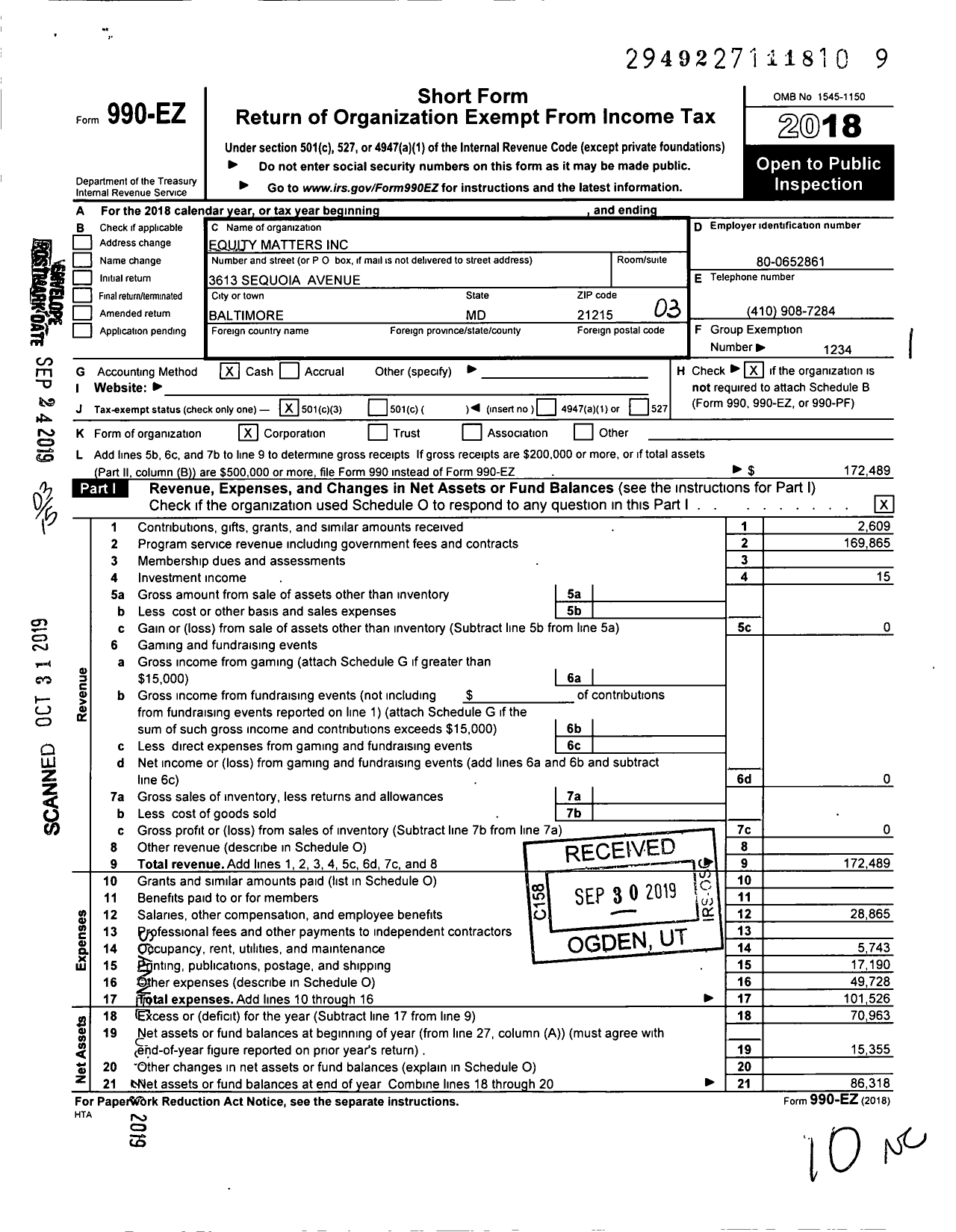 Image of first page of 2018 Form 990EZ for Equity Matters