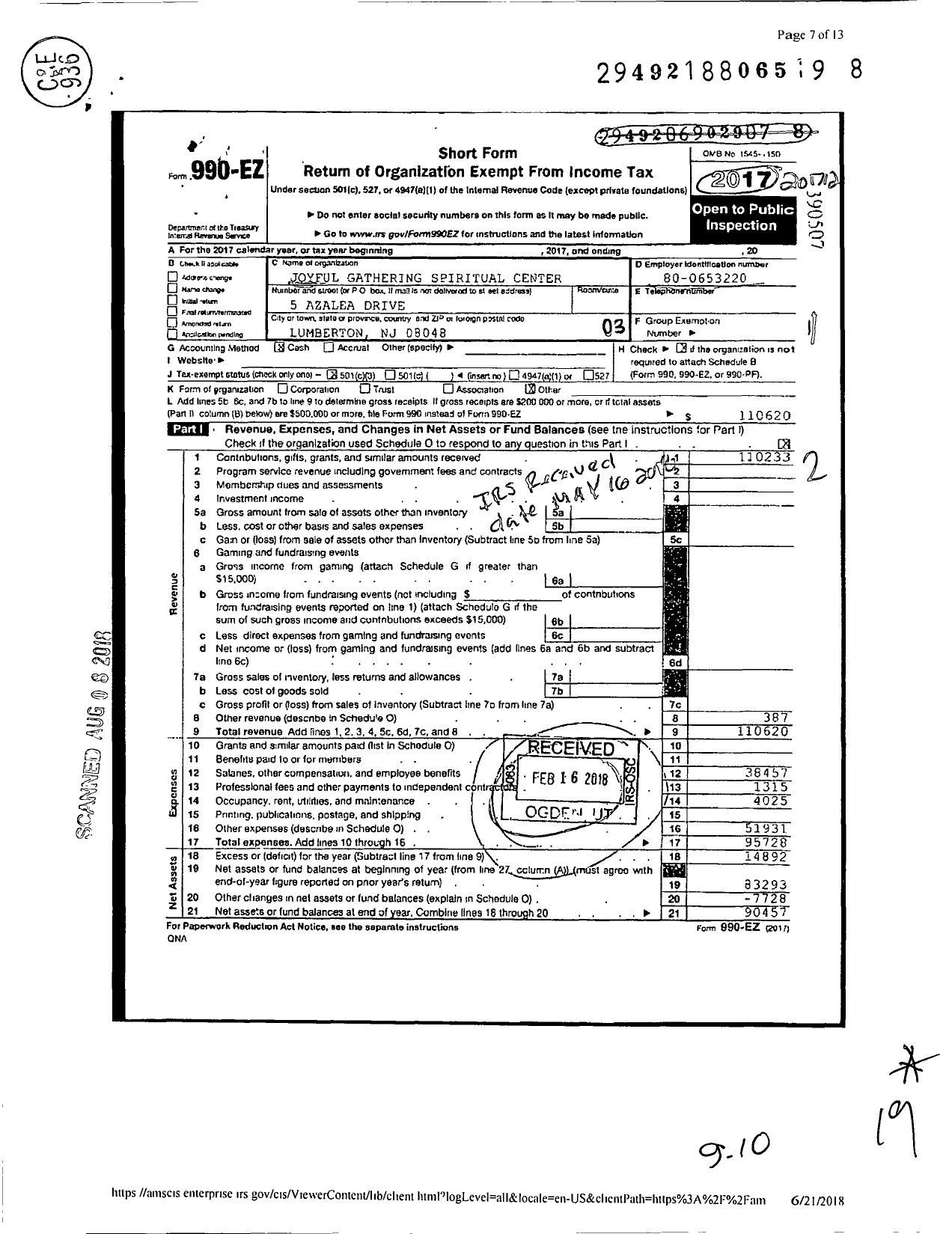 Image of first page of 2017 Form 990EZ for Joyful Gathering Spiritual Center