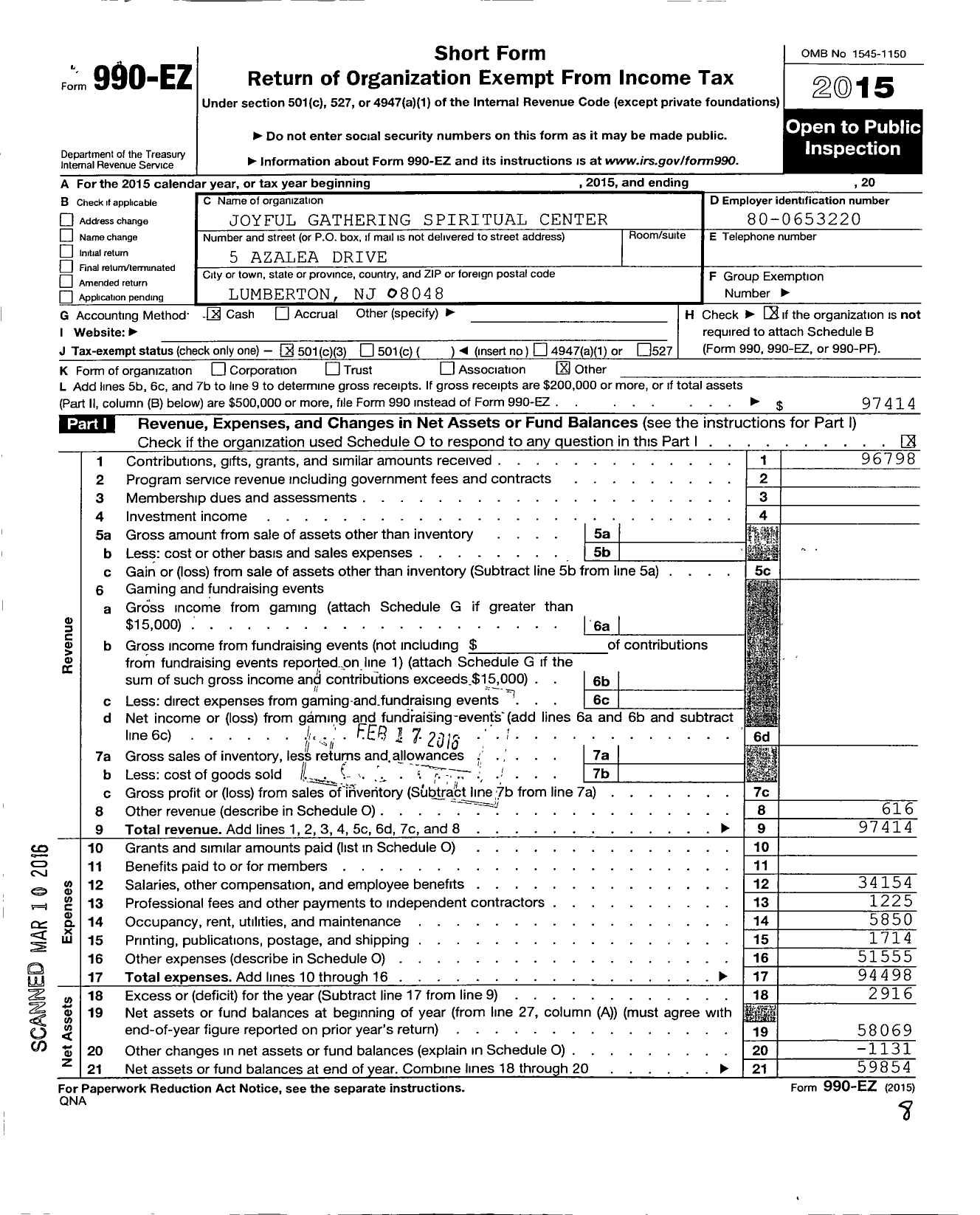 Image of first page of 2015 Form 990EZ for Joyful Gathering Spiritual Center