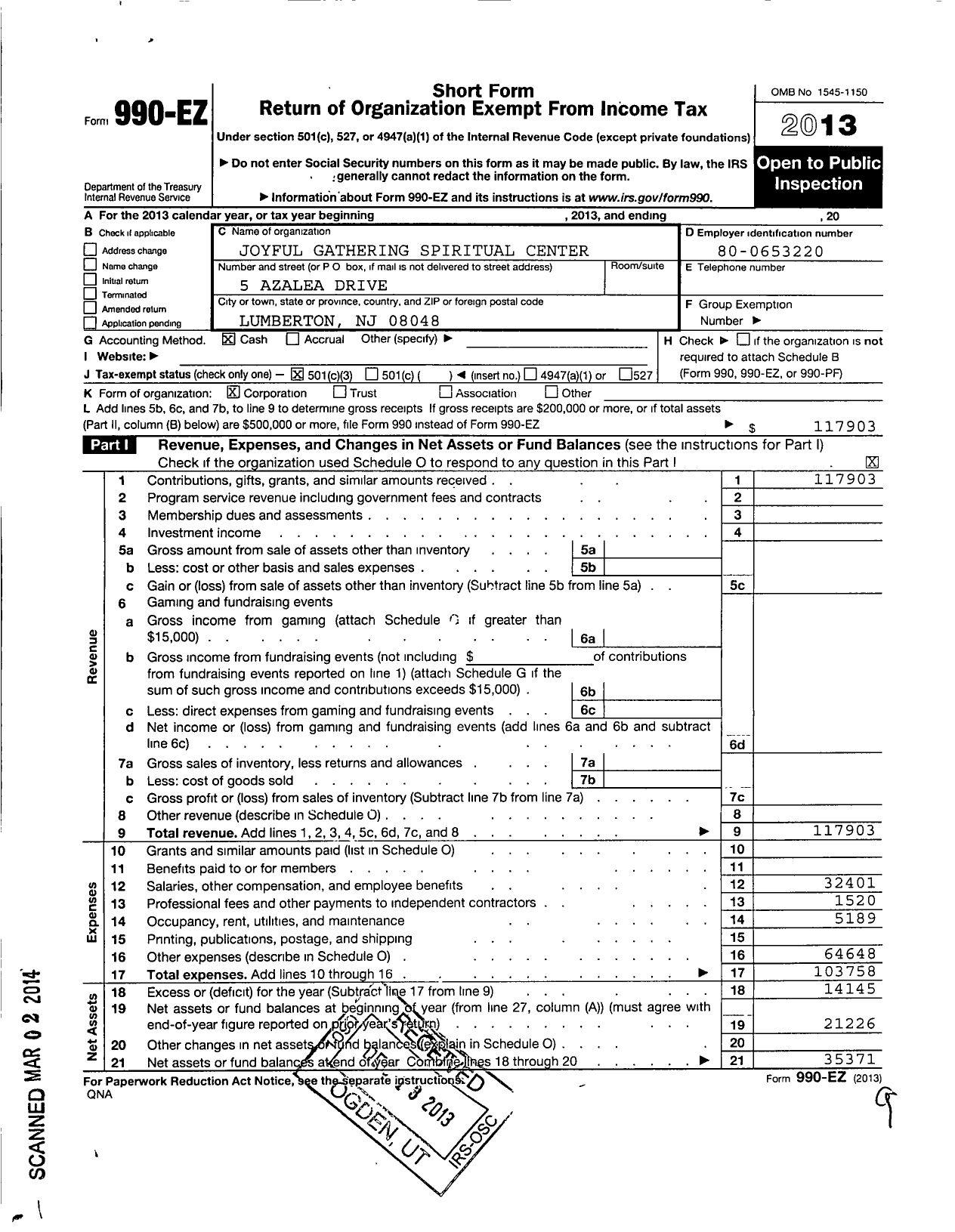 Image of first page of 2013 Form 990EZ for Joyful Gathering Spiritual Center