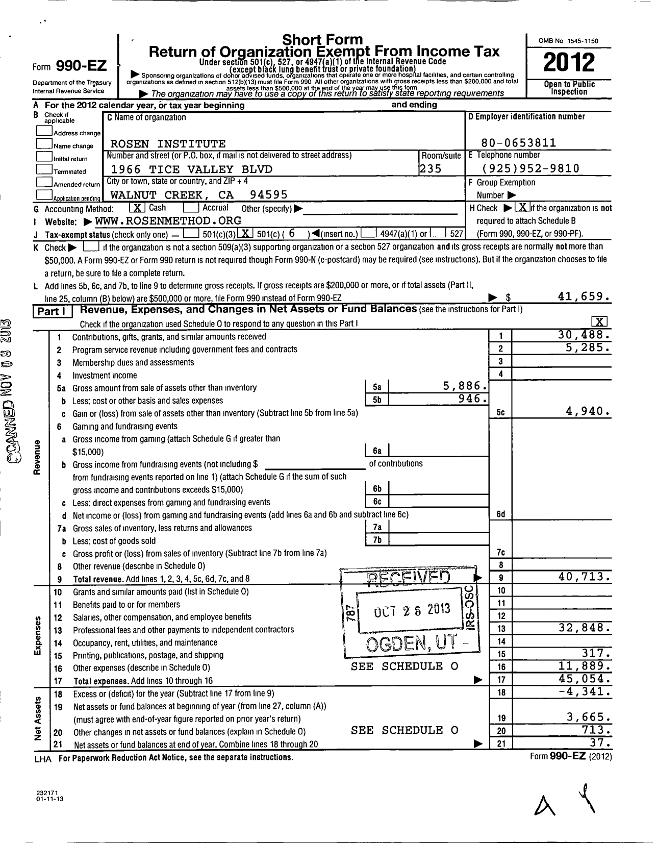 Image of first page of 2012 Form 990EO for Rosen Institute