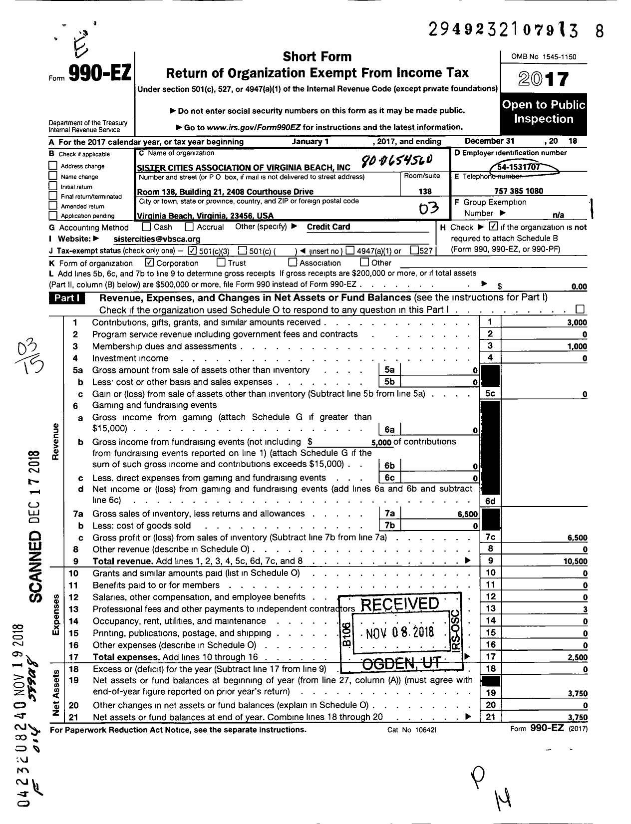 Image of first page of 2018 Form 990EZ for Sister Cities Associations of Virginia Beach