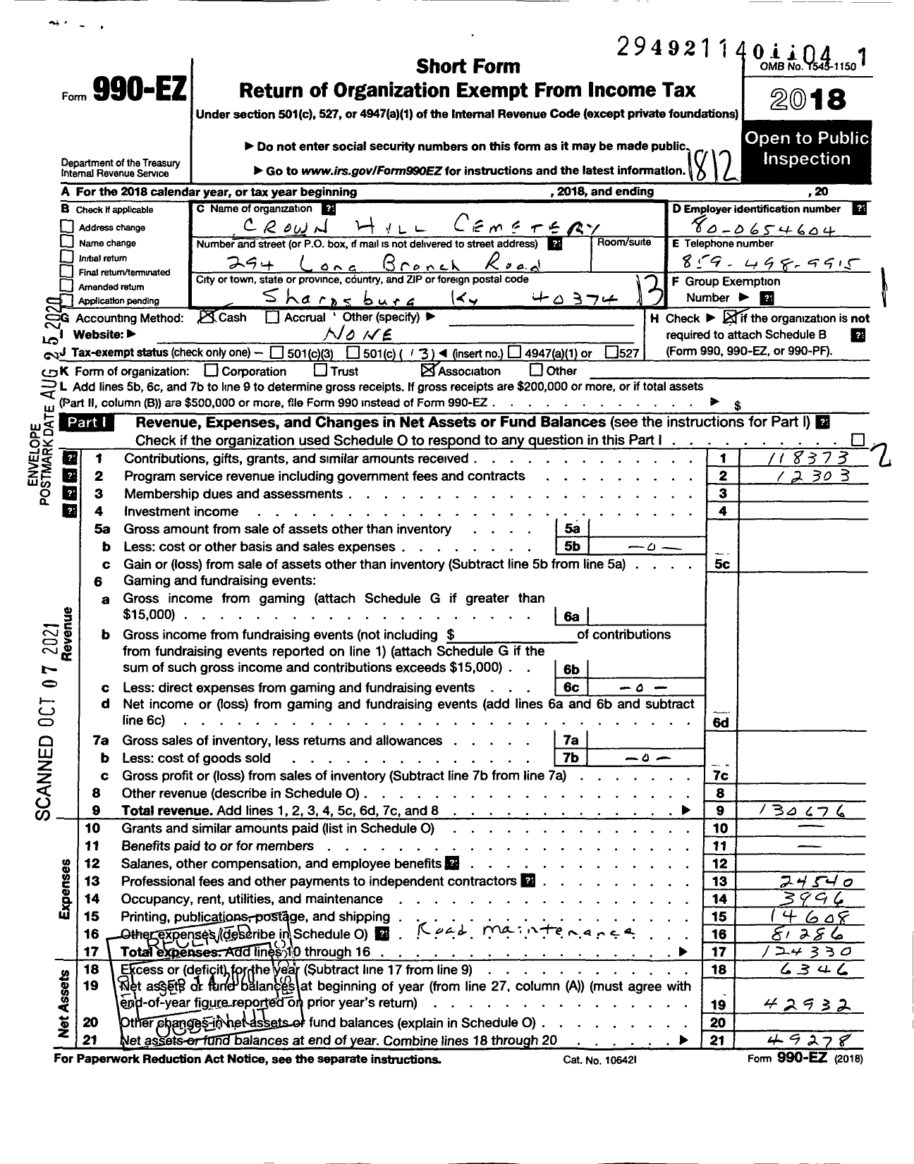 Image of first page of 2018 Form 990EO for Crown Hill Cemetery