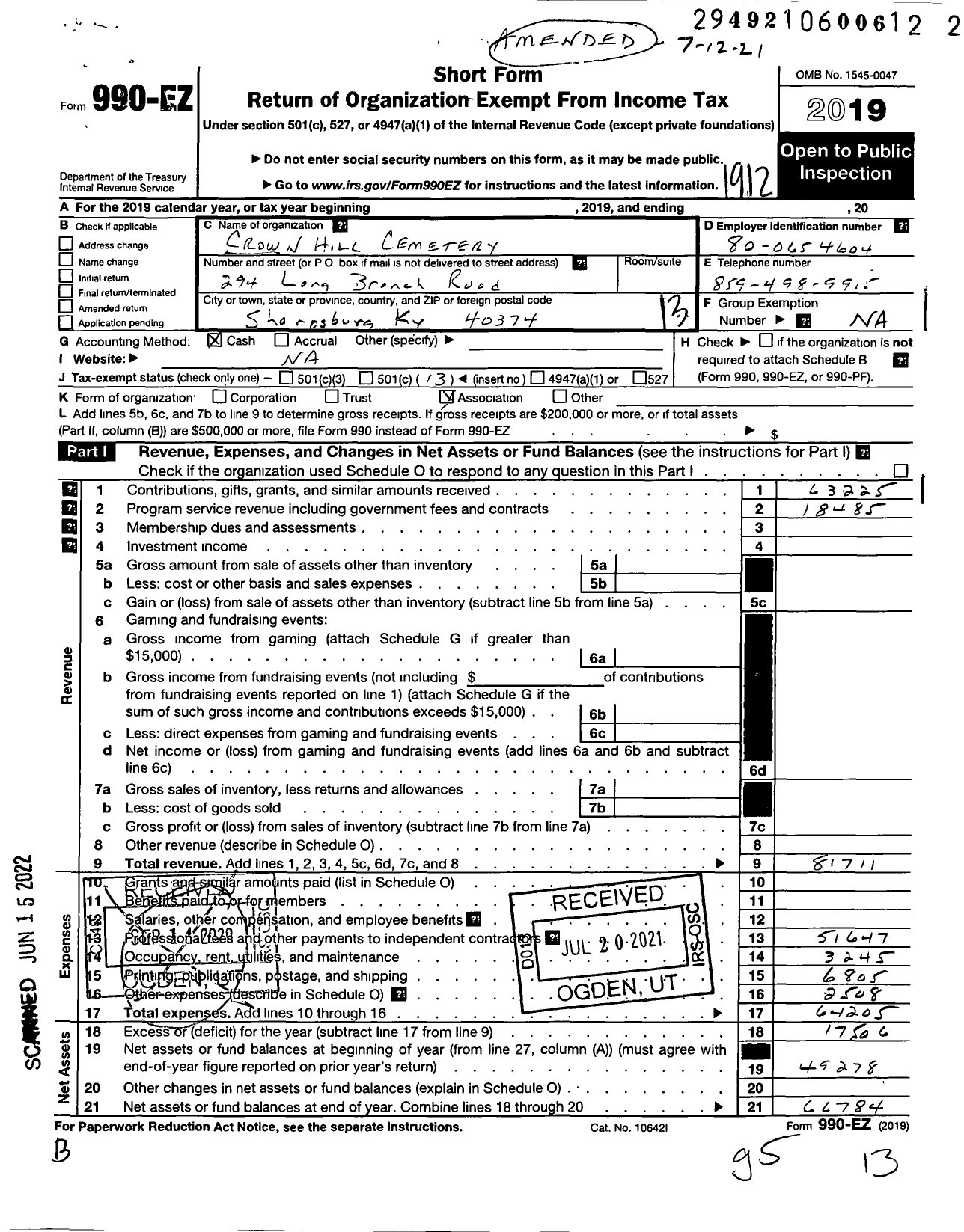 Image of first page of 2019 Form 990EO for Crown Hill Cemetery