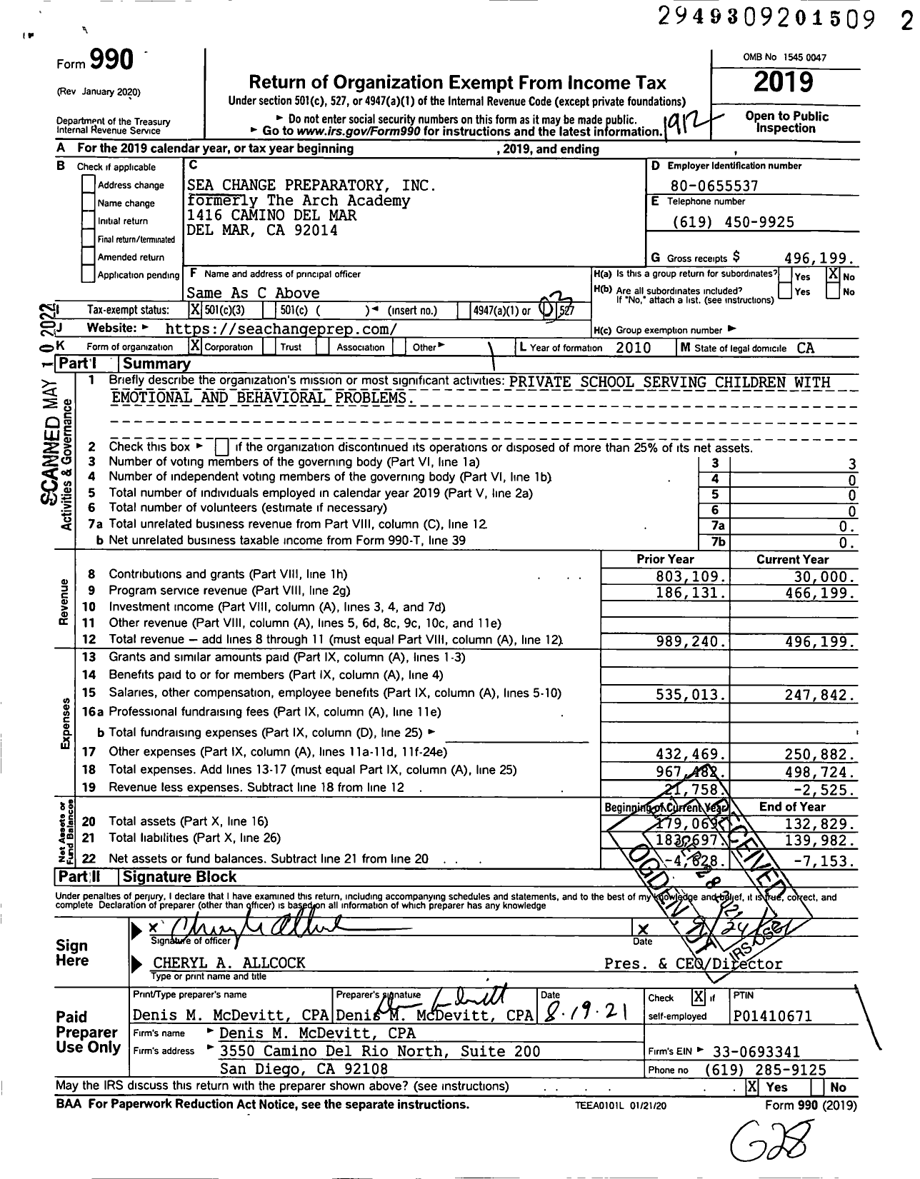 Image of first page of 2019 Form 990 for Sea Change Preparatory