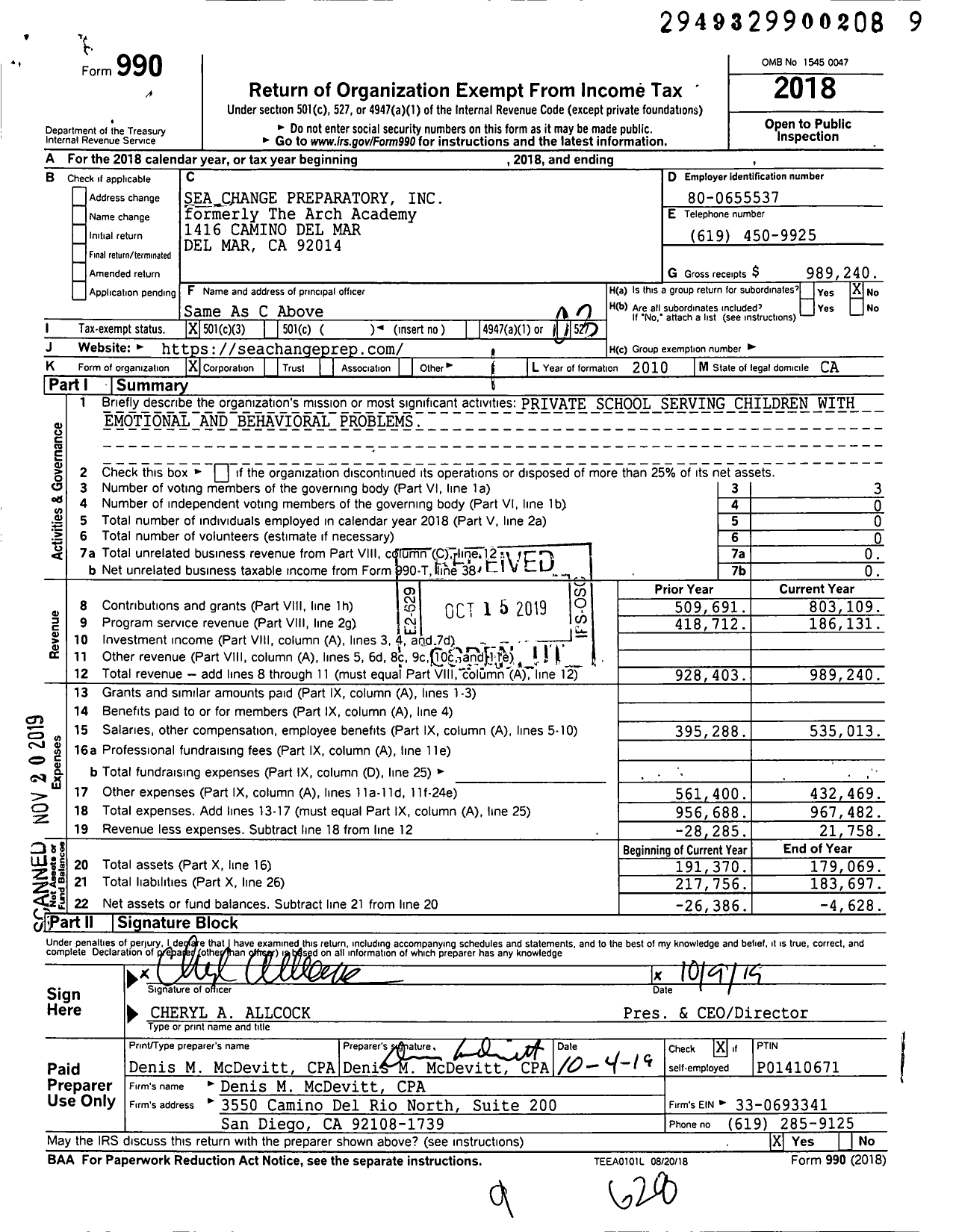 Image of first page of 2018 Form 990 for Sea Change Preparatory
