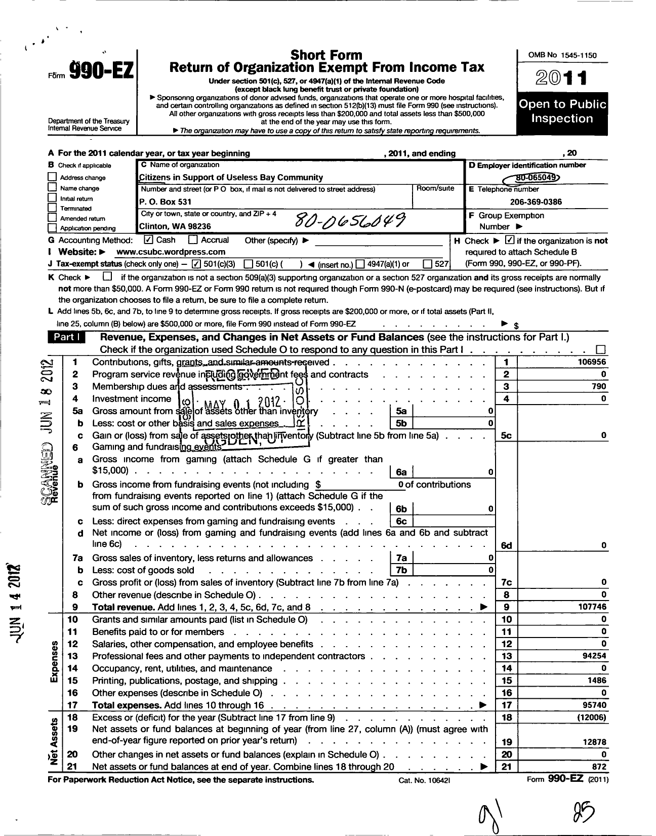 Image of first page of 2011 Form 990EZ for Citizens in Support of Useless Bay Community