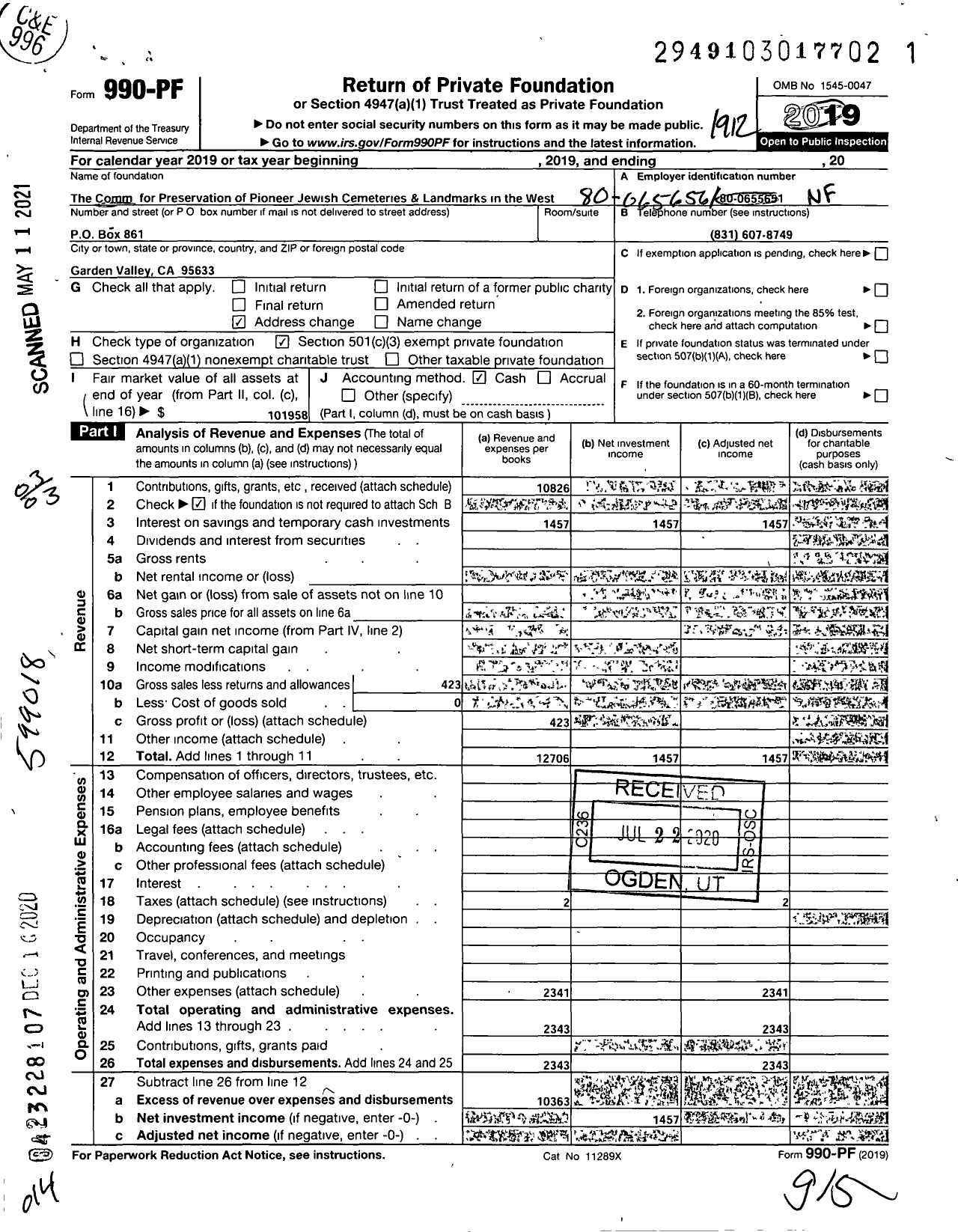 Image of first page of 2019 Form 990PF for Commission for Preservation of Pioneer Jewish Cemeteries & Landmarks in the West