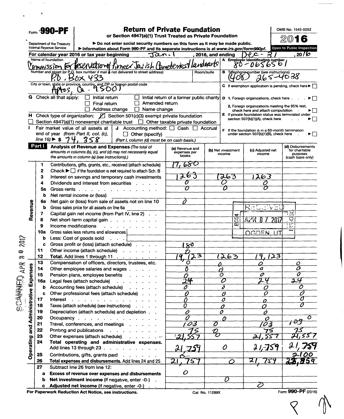 Image of first page of 2016 Form 990PF for Commission for Preservation of Pioneer Jewish Cemeteries & Landmarks in the West