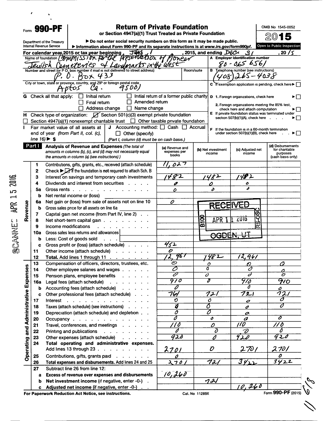 Image of first page of 2015 Form 990PF for Commission for Preservation of Pioneer Jewish Cemeteries & Landmarks in the West