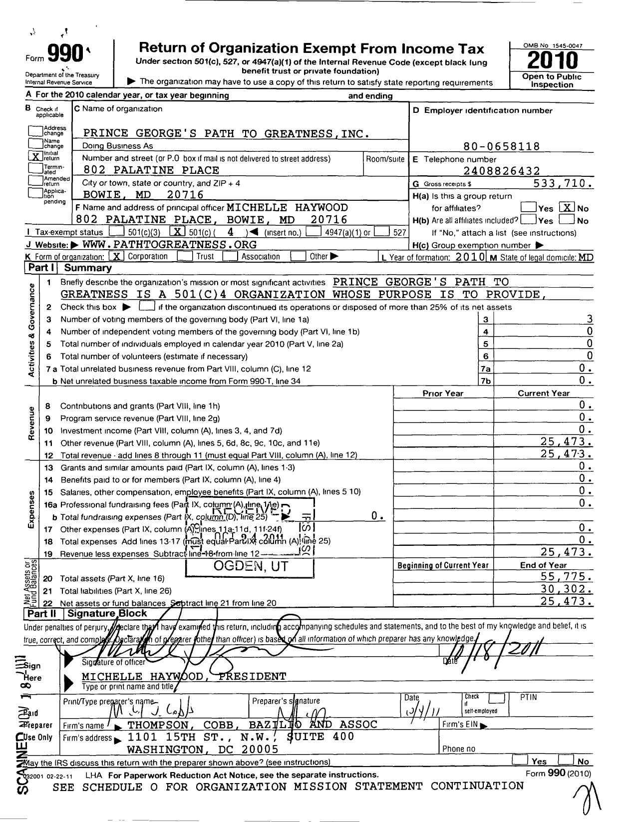 Image of first page of 2010 Form 990O for Prince Georges Path To Greatness